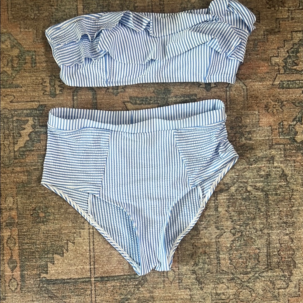 Blue and White Striped Bikini Set